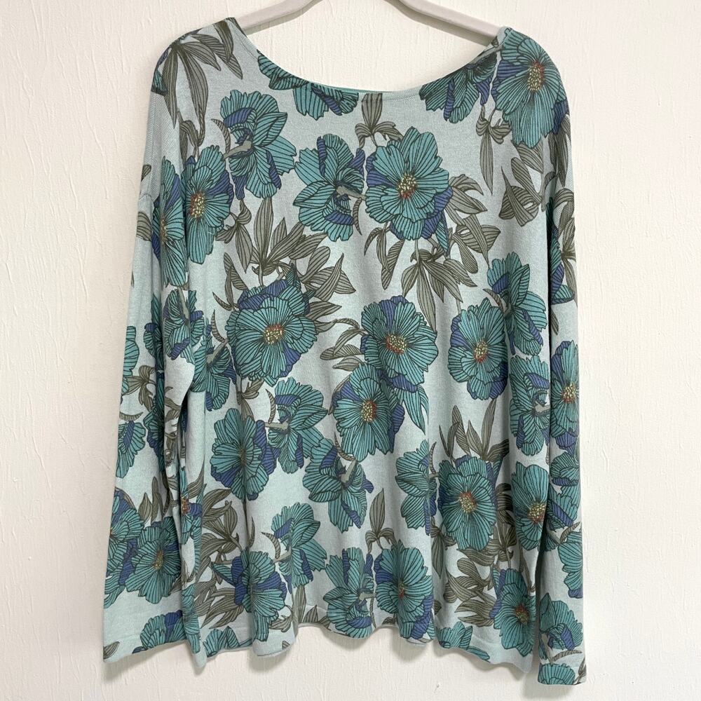 J Jill Womens Knit Sweater Top M Petite Blue Long Sleeve Pullover Floral Casual